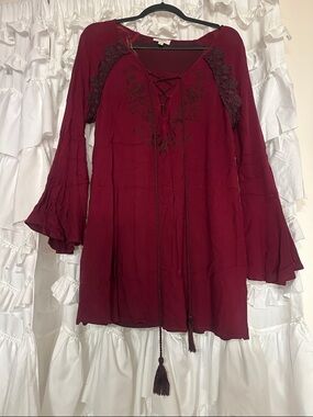 Umgee Burgundy Lace-Up Boho Mini Dress
